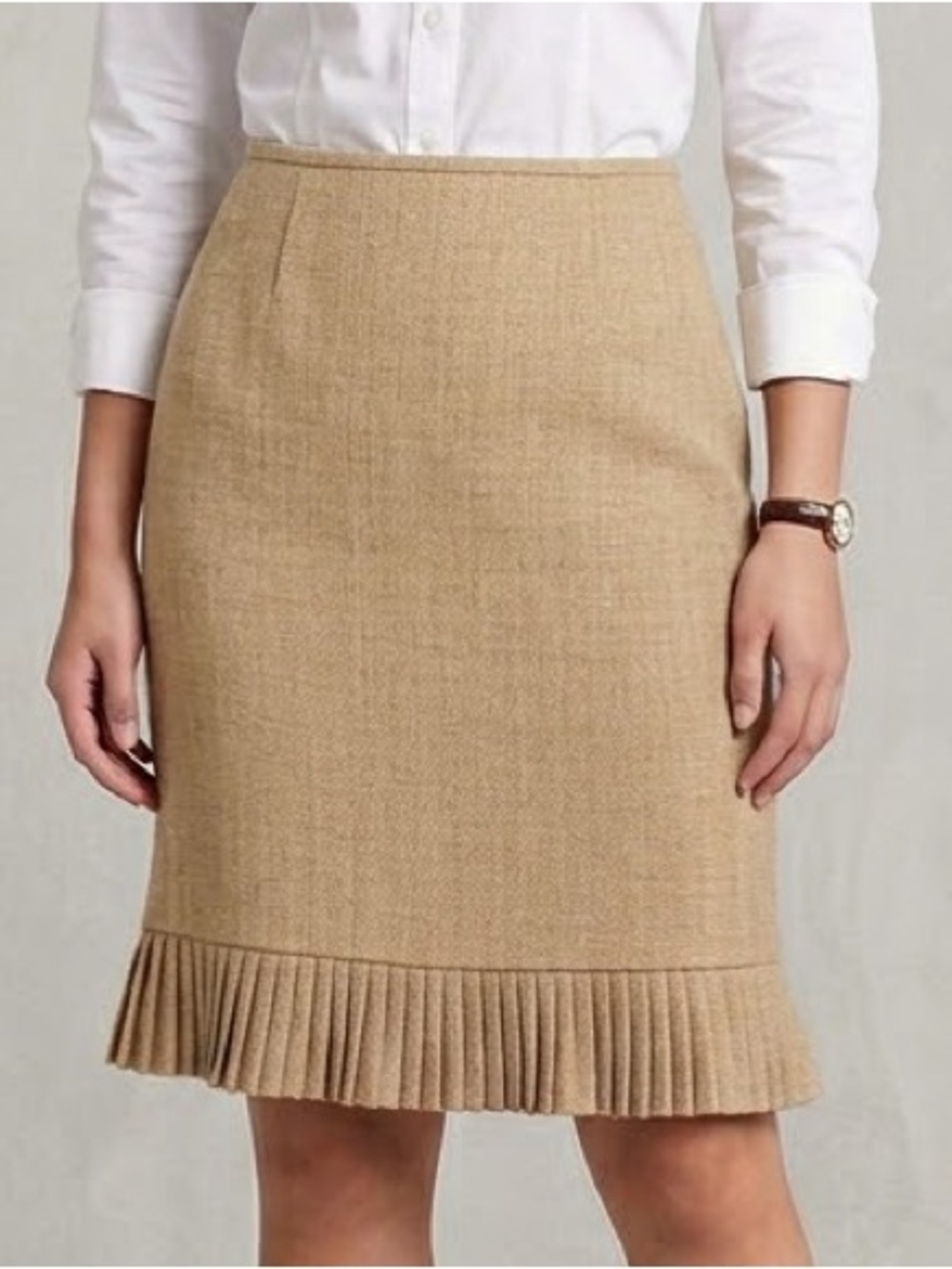 Le Suit 4P Beige Tweed Pleated Hem Skirt Corpcore Office Siren Preppy Academia